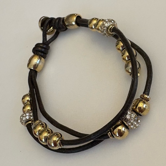 Fossil leather gold rhinestone tone beaded bracelet 7.5" - Picture 7 of 8